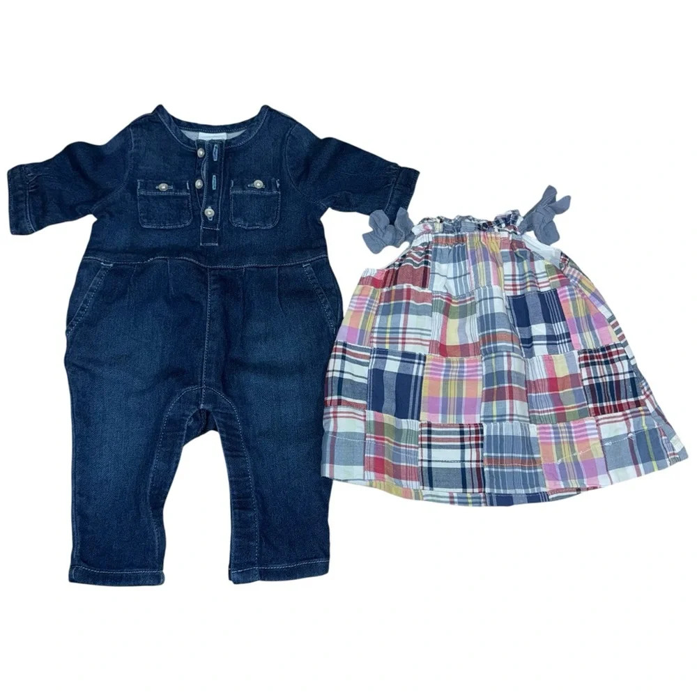 Baby GAP Bundle Jean Jumpsuit and Plaid Dress Size 0-3 Months